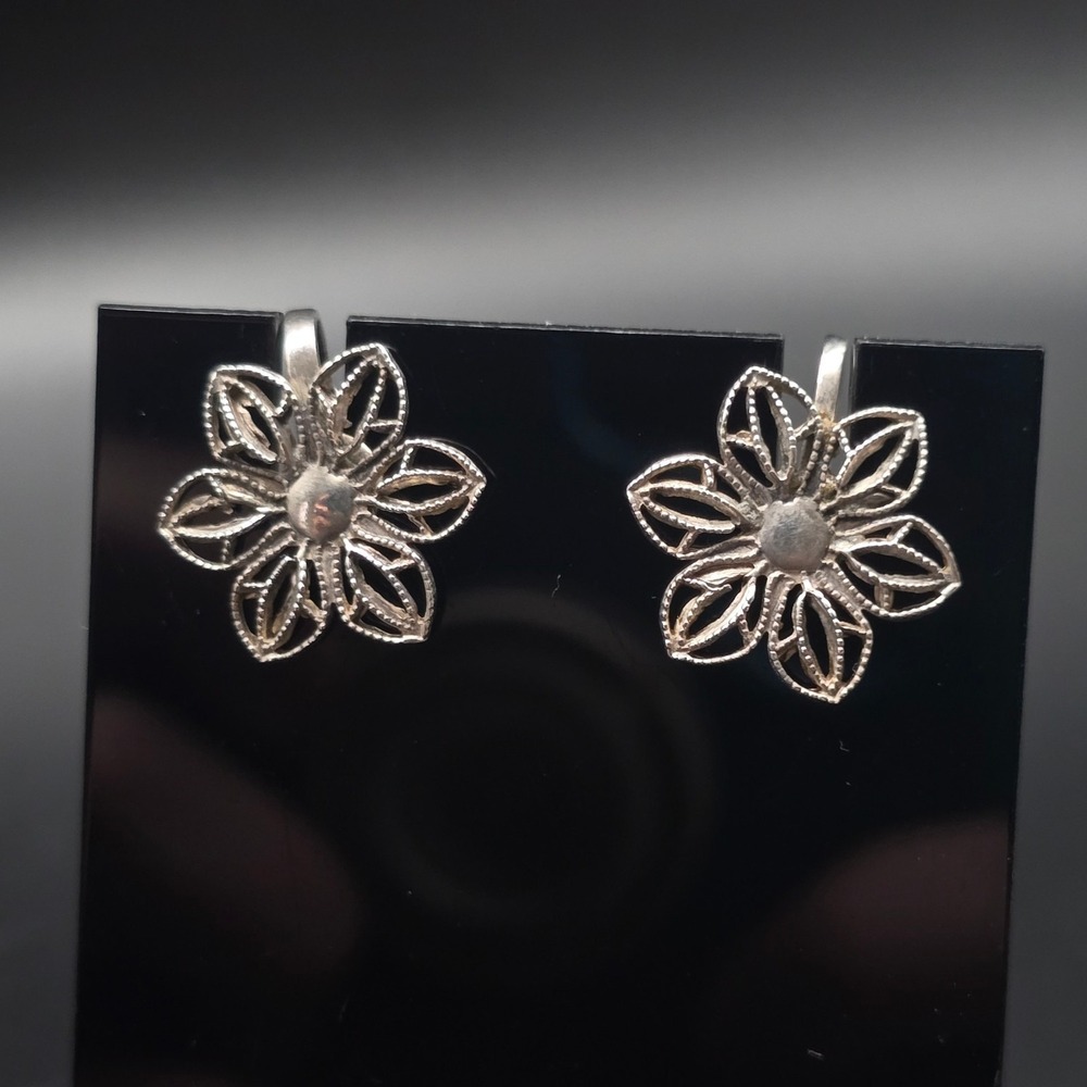 Sterling Silver Filigree Flower Earrings Screw Back Vintage Jewelry